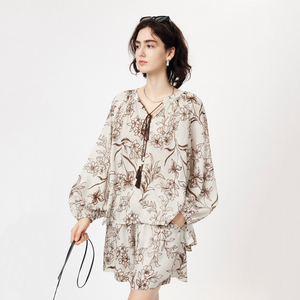 CLMX夏季休闲两件套莱赛尔亚麻混纺印花长袖上衣/阔腿短裤