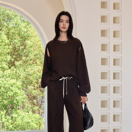 CLMX秋季休闲两件套棉莱赛尔磨毛面料圆领上衣/抽绳直筒裤