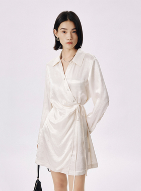 CLMX 悬垂灵动自然微皱感醋酸缎面料 时髦通勤翻领收腰衬衫连衣裙