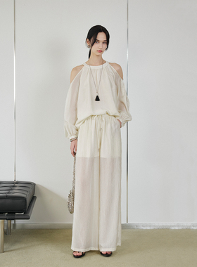 CLMX 鎏光感醋酸动静间显悬垂灵美轻盈感CP露肩上衣衬衫/空气裤