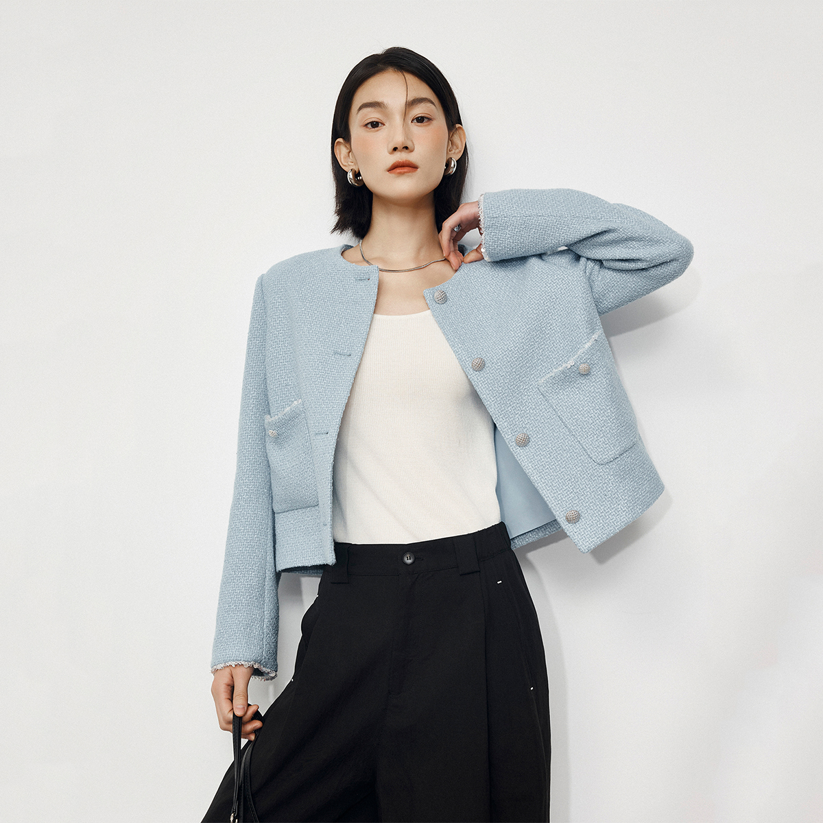 CLMX减龄风蓬松立体圈圈纱羊毛混纺香风花呢花边贴袋圆领小香外套