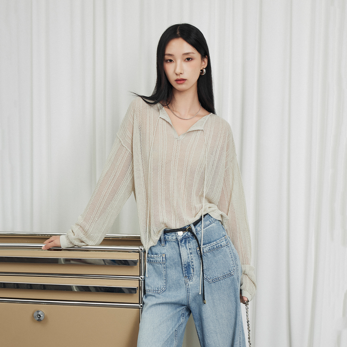 CLMX 干爽舒适30支单汇丝麻混纺纱线 百搭松弛感廓形系带针织罩衫