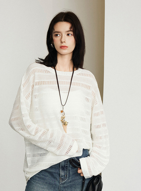 CLMX简约纯色上衣干爽轻盈80支羊毛锦纶混纺纱线面料镂空针织衫女