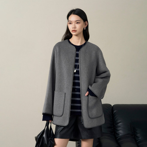 CLMX拼接大衣羊毛羊绒混纺双面细织短顺毛面料秋冬通勤外套赠围巾