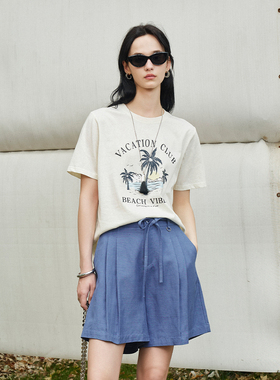 CLMX高密雪花棉爽滑亲肤面料 时髦百搭小廓形圆领印花短袖T恤