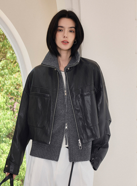 CLMX复古PU皮圆领外套挺阔不僵具有垂坠感秋季简约老钱风夹克女