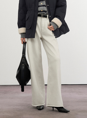 CLMX随性毛边加厚抓绒直筒裤子四面微弹斜纹棉混纺面料牛仔裤女