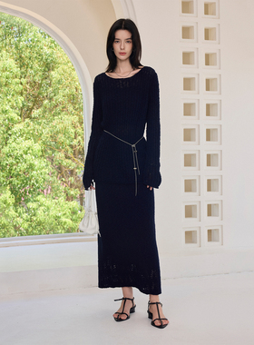 CLMX休闲宽松纯色套装棉混纺复古坑条镂空肌理针织衫/针织半裙女