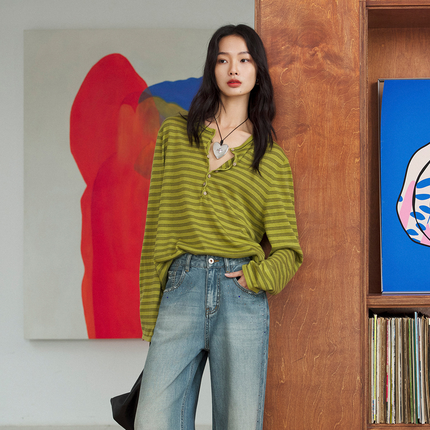 CLMX16针绵羊毛纱线圆领条纹挺括上衣春季女通勤高级长袖针织衫