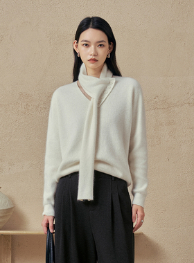 CLMX可脱卸围巾V领长袖套头针织衫羊毛兔毛锦纶混纺纱线通勤上衣