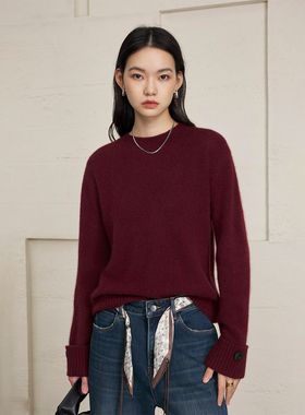 CLMX细腻亲肤26支羊毛兔毛混纺纱线时装感翻折边扣饰袖型圆领毛衣
