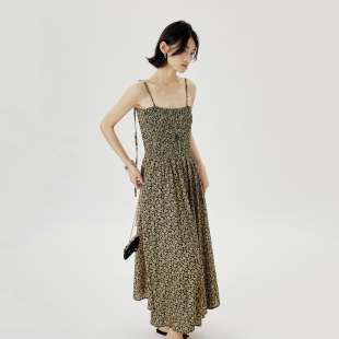 CLMX夏季 气质通勤A字裙粘胶锦纶混纺面料干爽透气碎花吊带连衣裙