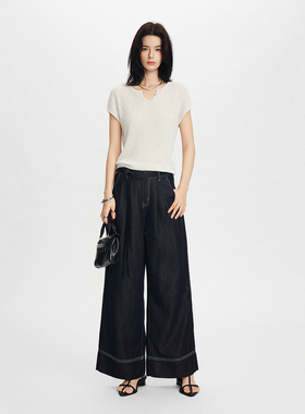 CLMX复古水洗裤子莱赛尔棉混纺面料压褶阔腿牛仔裤女