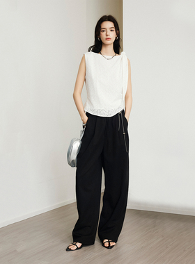 CLMX简约纯色背心透气100%棉绣花镂空面料侧褶系带上衣