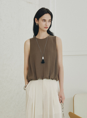 CLMX干爽软垂微条纹肌理丝麻混纺面料丝麻圆领微宽松无袖花苞背心