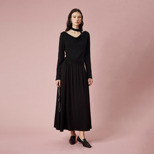 CLMX 斜纹慕斯含棉混纺针织面料 正肩X型收腰长袖针织连衣裙