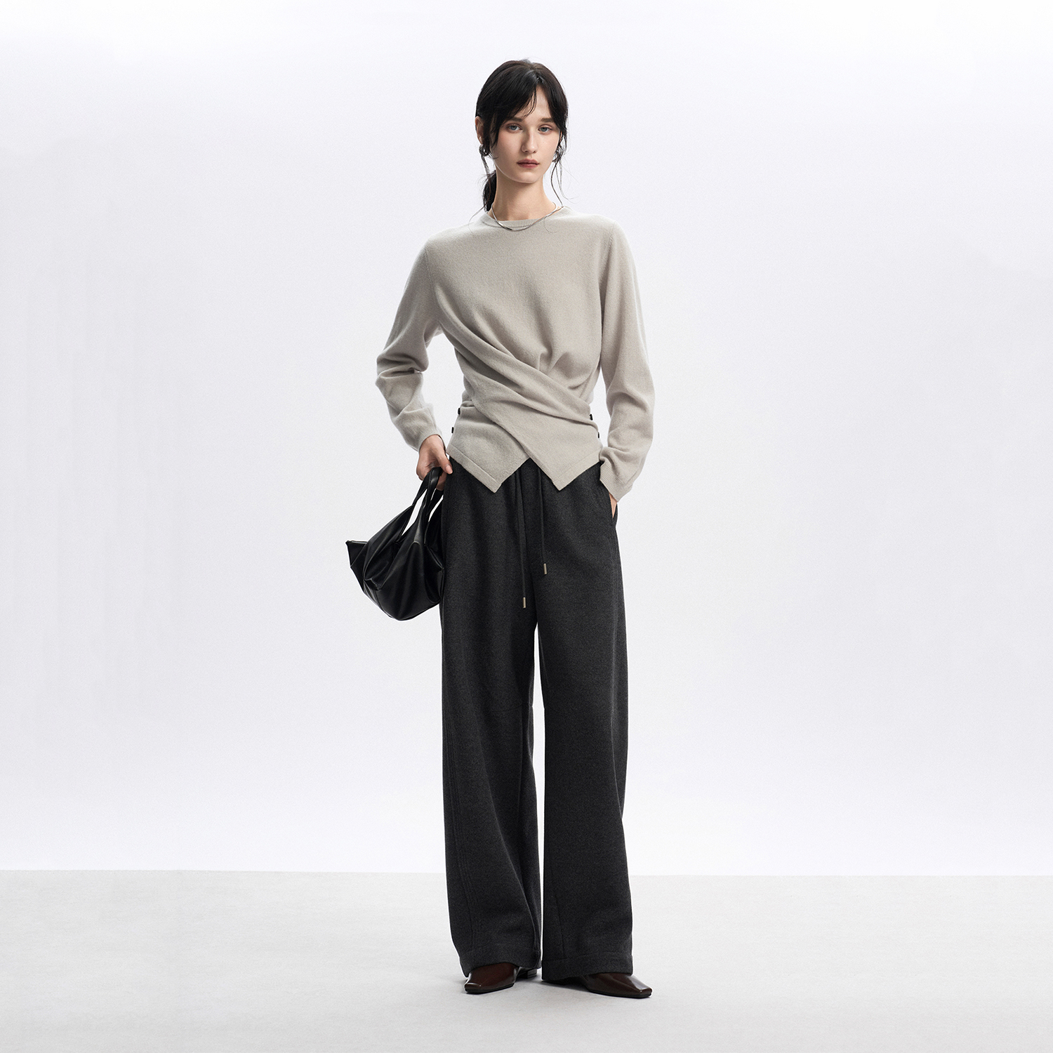 CLMX抽绳橡筋腰香蕉阔腿裤复合羊毛针织布面料休闲慵懒松弛裤子女