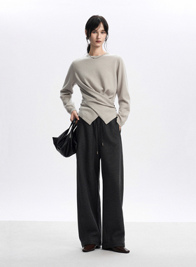 CLMX抽绳橡筋腰香蕉阔腿裤复合羊毛针织布面料休闲慵懒松弛裤子女