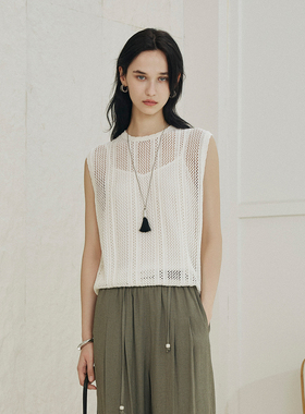 CLMX 轻柔丝毛感48支亚麻混纺纱线 小香肌理叠穿风圆领镂空马甲