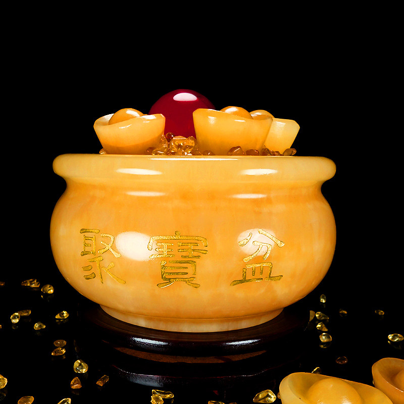 天然米黄玉聚宝盆元宝水晶摆件家居客厅装饰摆设旺铺开业个性礼品