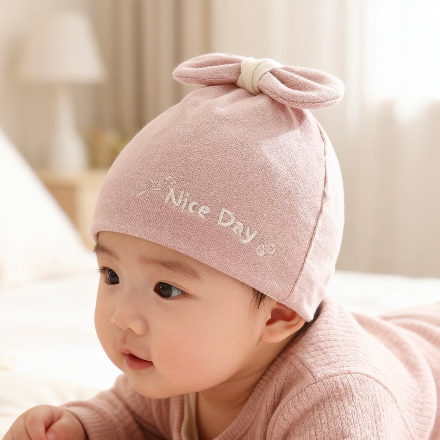 婴儿帽子春秋冬0-6月女宝宝护囟门胎帽新生儿双层可爱纯棉套头帽1
