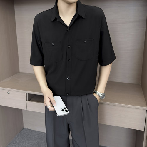 【D5】黑色双口袋短袖衬衫男高级感垂坠感商务休闲百搭正装衬衣男