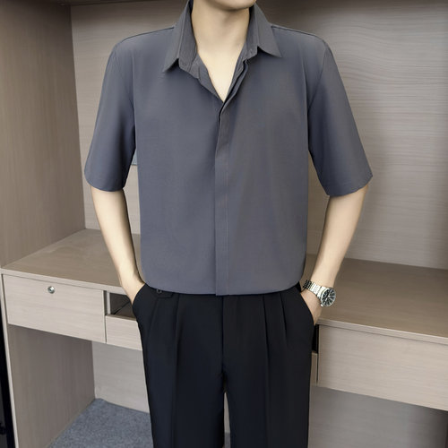 【D7】深灰色暗门襟短袖衬衫男免烫抗皱宽松商务休闲通勤正装衬衣