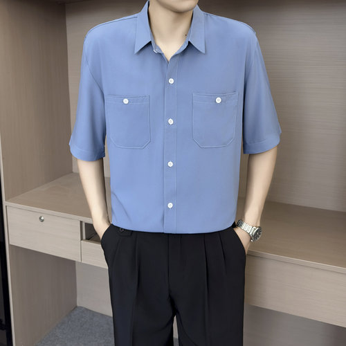 【D5】浅蓝色双口袋短袖衬衫男士垂感免烫商务休闲轻熟风通勤衬衣