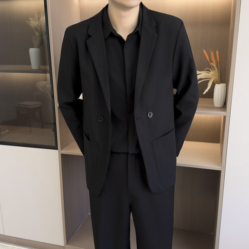 【K39】黑色双排扣贴袋西装男士外套轻熟风痞帅商务高级感西服男