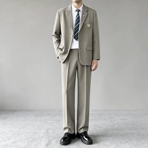 【TZ3073】灰杏色学院风西装套装男垂坠感免烫轻熟风DK两件套男装
