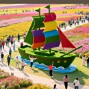 彩色仿真绿雕帆船造型景观装 饰摆件大型景观道具 置户外园林装