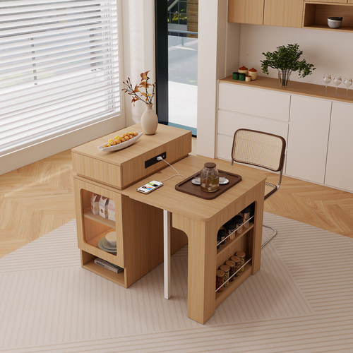 实木原木风岛台餐桌一体家用伸缩