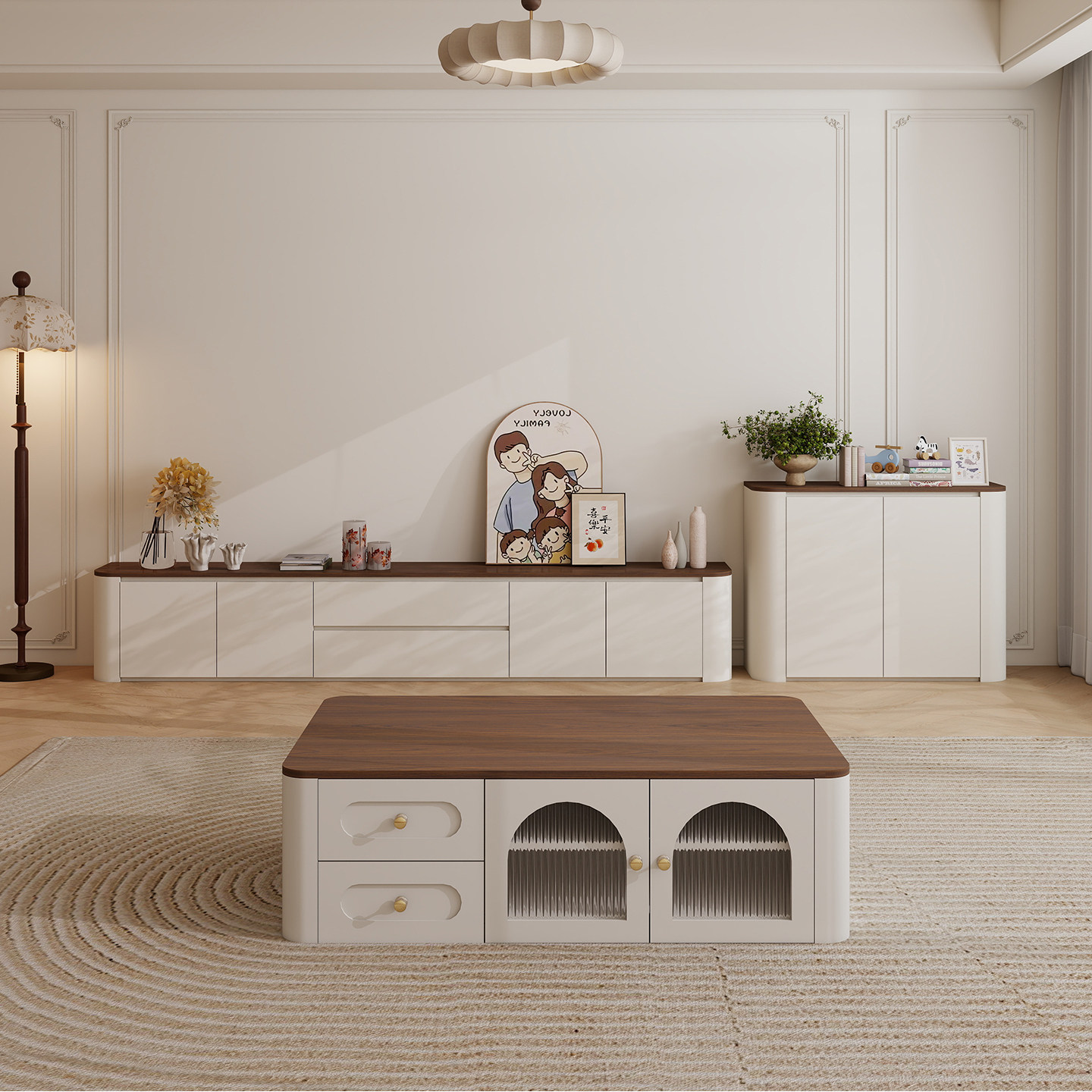 复古奶油风电视柜小户型茶几收纳柜客厅落地收纳抽屉柜实木落地柜,住宅家具,电视柜,淘宝优惠券,粉丝福利购,淘宝优惠卷