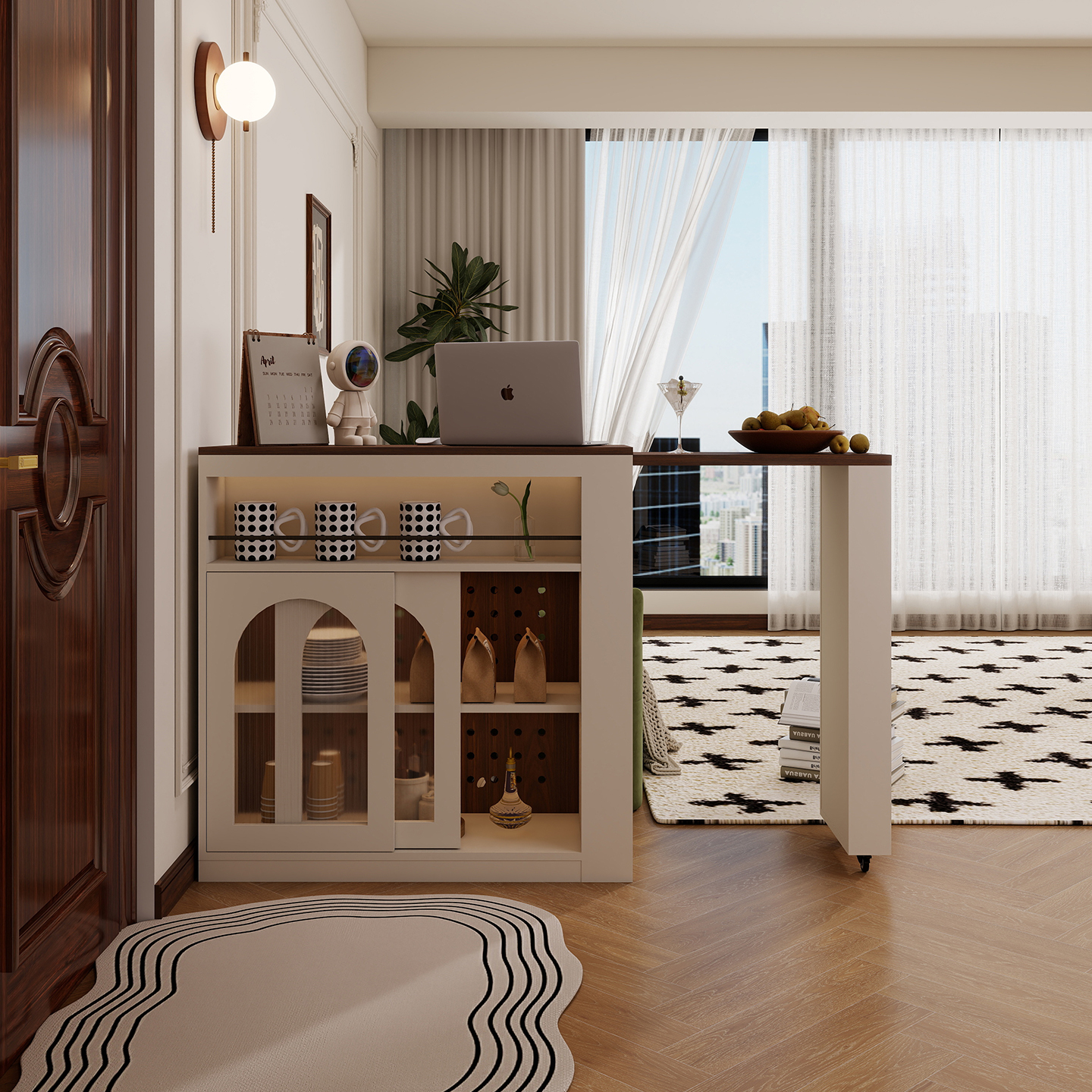 奶油风吧台桌家用实木现代酒柜隔断柜一体客厅餐边柜可伸缩中岛台