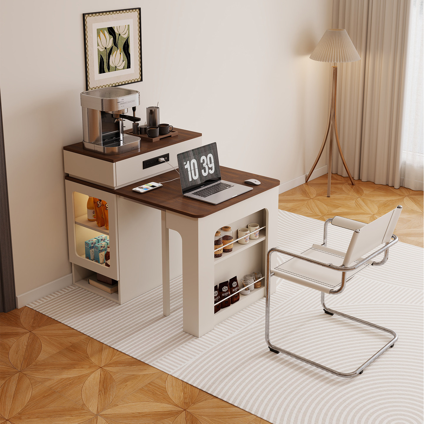 实木奶油风岛台餐桌一体家用