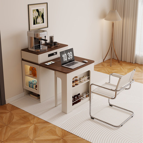 实木奶油风岛台餐桌一体家用