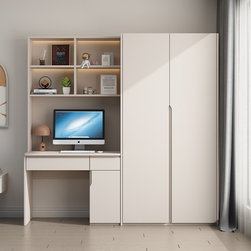 奶油风实木卧室衣柜带书桌一体式家用简约现代收纳大衣橱靠墙定制,住宅家具,自由组合衣柜,淘宝优惠券,粉丝福利购,淘宝优惠卷