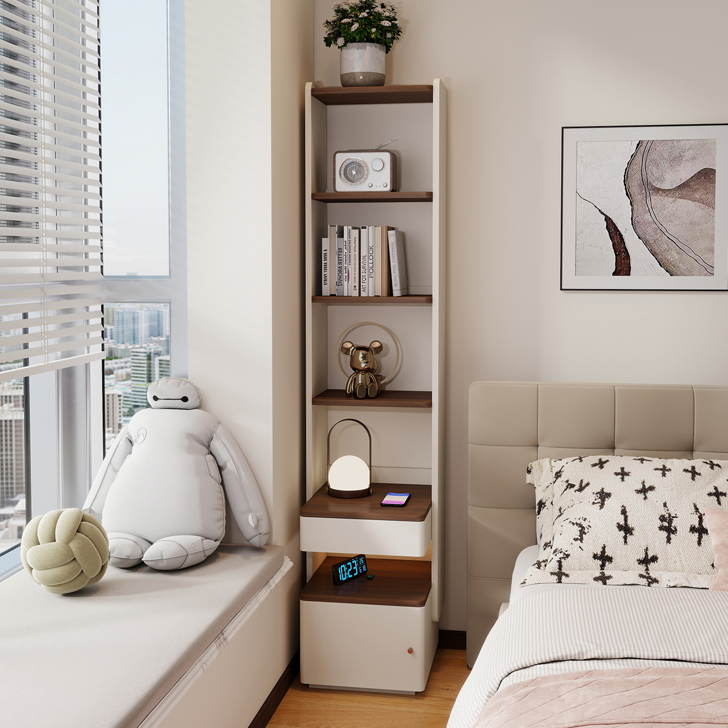 实木极窄床头柜书架一体轻奢高级