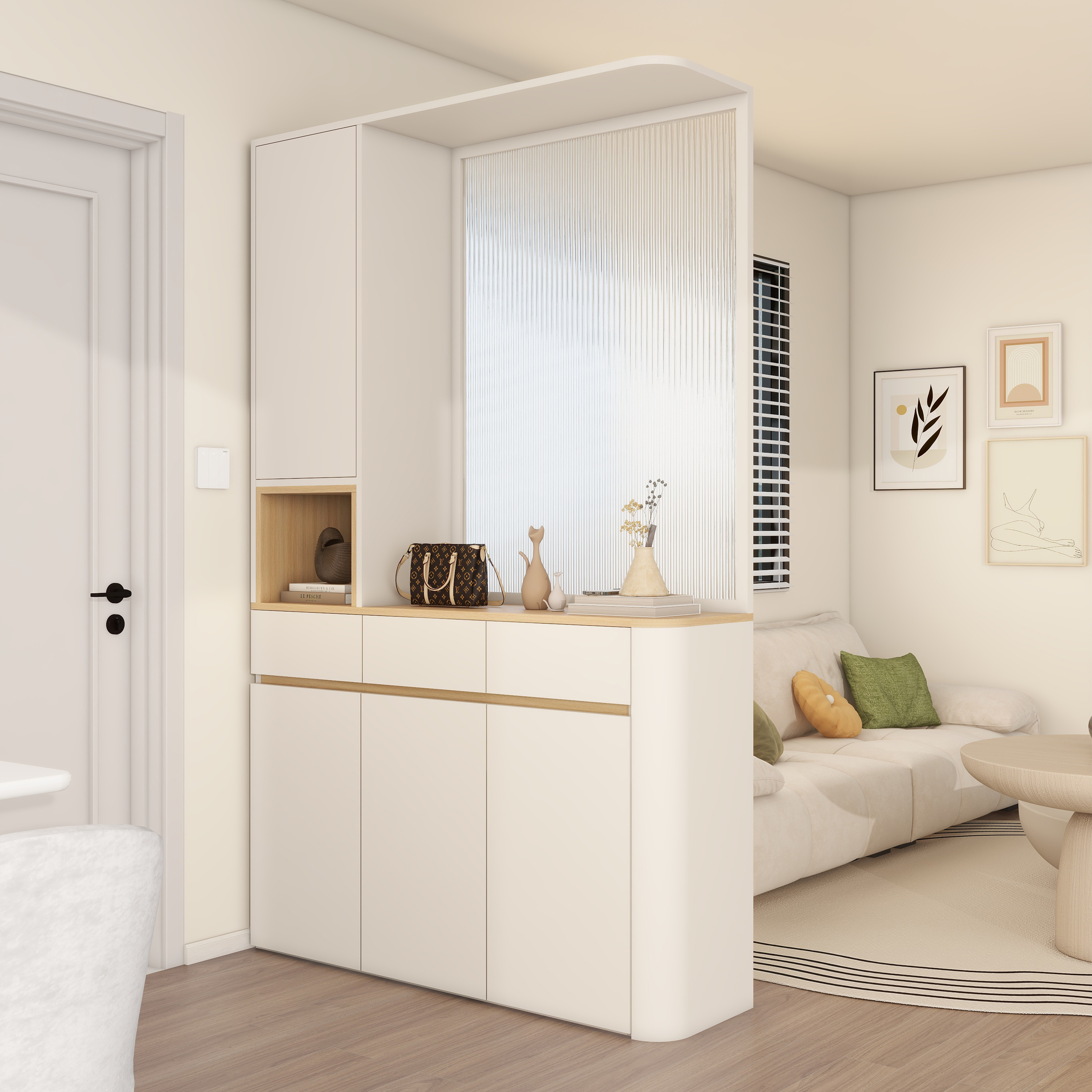 奶油风圆弧鞋柜家用门口隔断柜