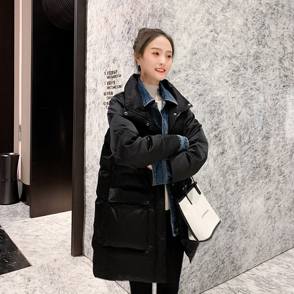 素笺卓雅2020冬装新款时尚假两件牛仔拼接羽绒服女百搭小众外套潮 - 封面