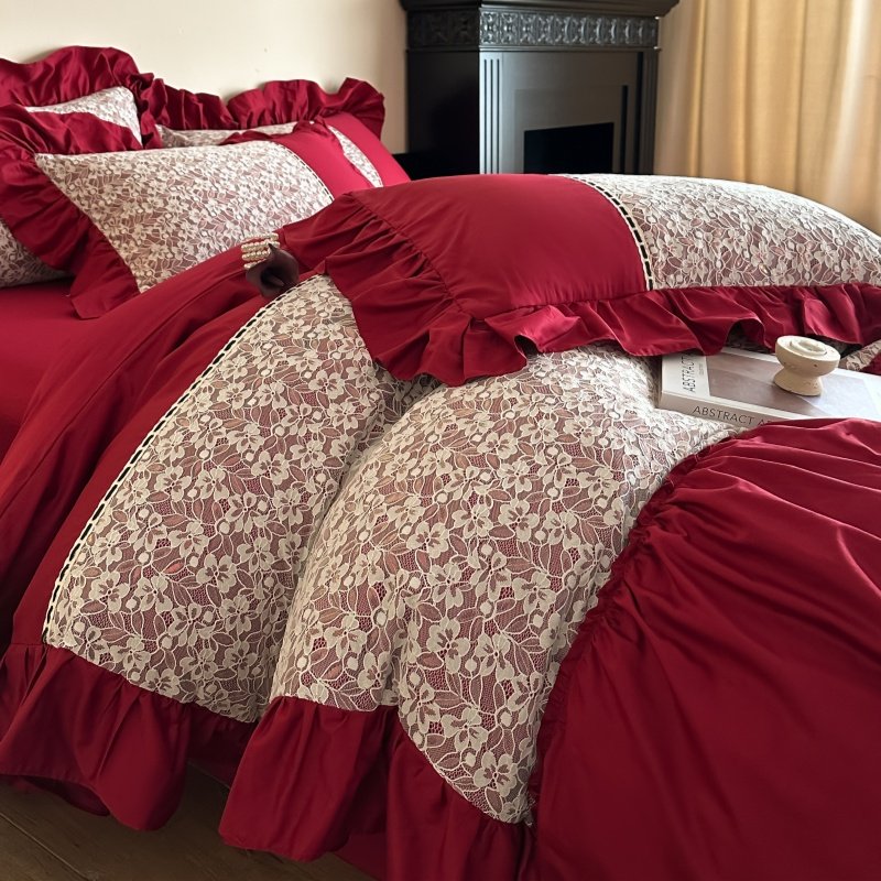 法式浪漫结婚四件套大红色新婚喜被婚房陪嫁被套纯棉婚庆床上用品,床上用品,婚庆床品套件,淘宝优惠券,粉丝福利购,淘宝优惠卷