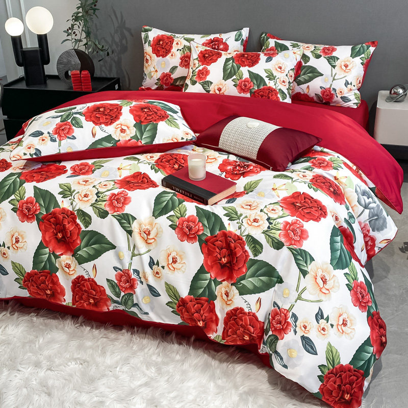 SIMPLE PRINT WEDDING FOUR-PIECE SET OF PURE COTTON RED BED SHEETS AND QUILT COVERS HIGH-END LUXURY COTTON WEDDING BEDDING