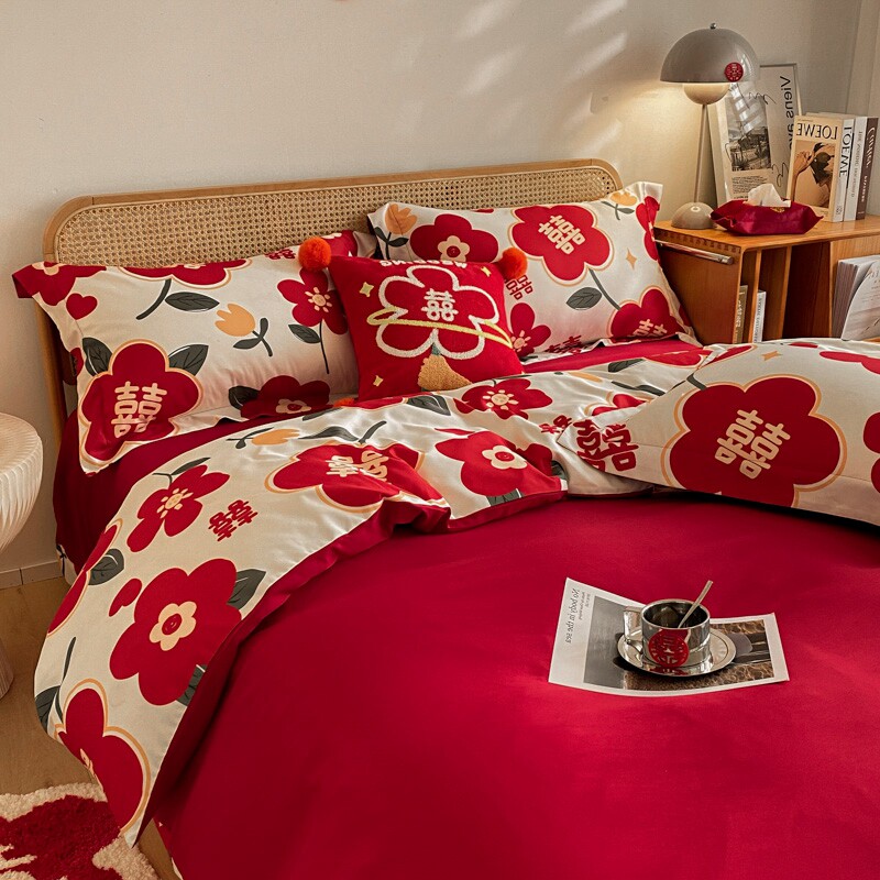 SIMPLE PRINT SMALL SAFFRON WEDDING FOUR-PIECE SET COTTON RED QUILT COVER PURE COTTON HIGH-GRADE WEDDING BEDDING WEDDING BRIDAL