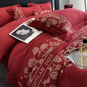 高档奢华婚庆四件套大红色床单被套纯棉全棉结婚床上用品婚房喜被