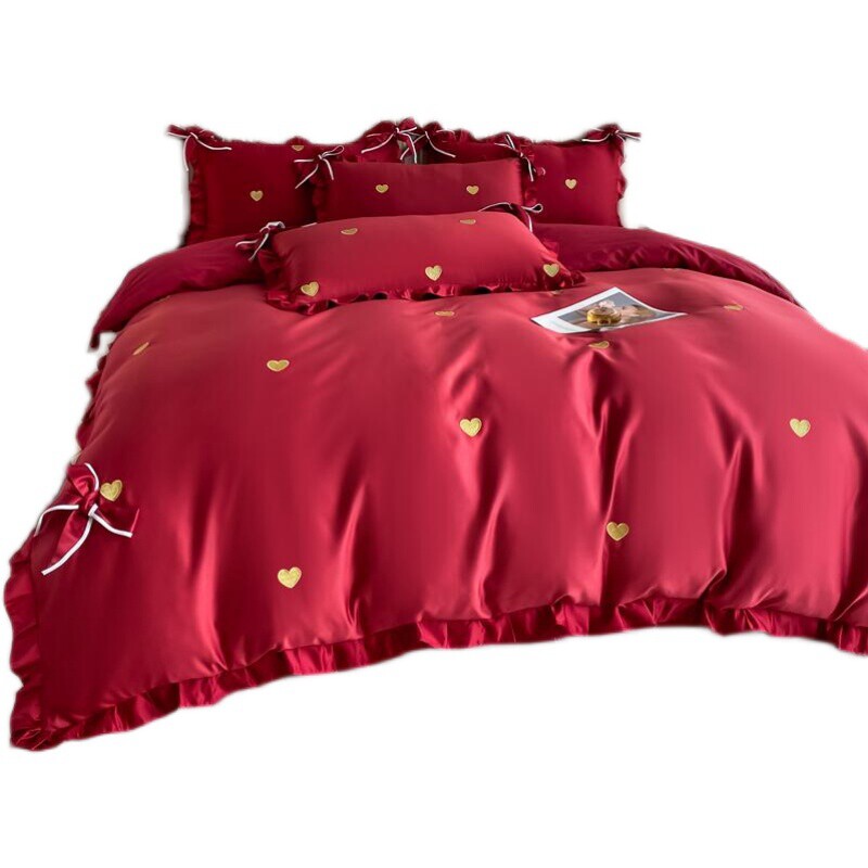 GIRL PRINCESS LOVE EMBROIDERY WEDDING FOUR-PIECE BIG RED BED SHEET QUILT COVER ALL COTTON PURE COTTON WEDDING BEDDING