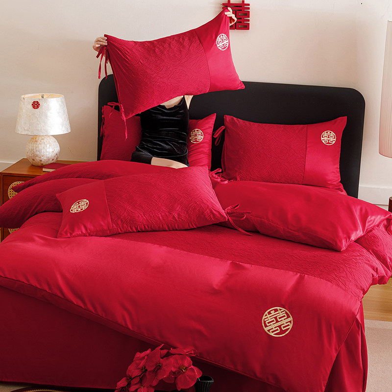 高档玫瑰婚庆四件套红色陪嫁喜被新婚房床单被套结婚床上用品婚嫁,床上用品,婚庆床品套件,淘宝优惠券,粉丝福利购,淘宝优惠卷