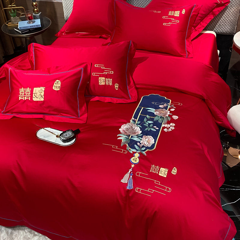 CHINESE EMBROIDERY WEDDING FOUR-PIECE SET OF BIG RED SHEETS QUILT COVER HIGH-END LUXURY COTTON COTTON WEDDING BEDDING