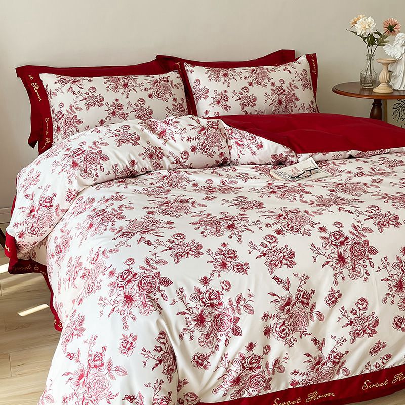 高档奢华欧式婚庆四件套大红色床单被套新婚结婚床上用品婚房陪嫁