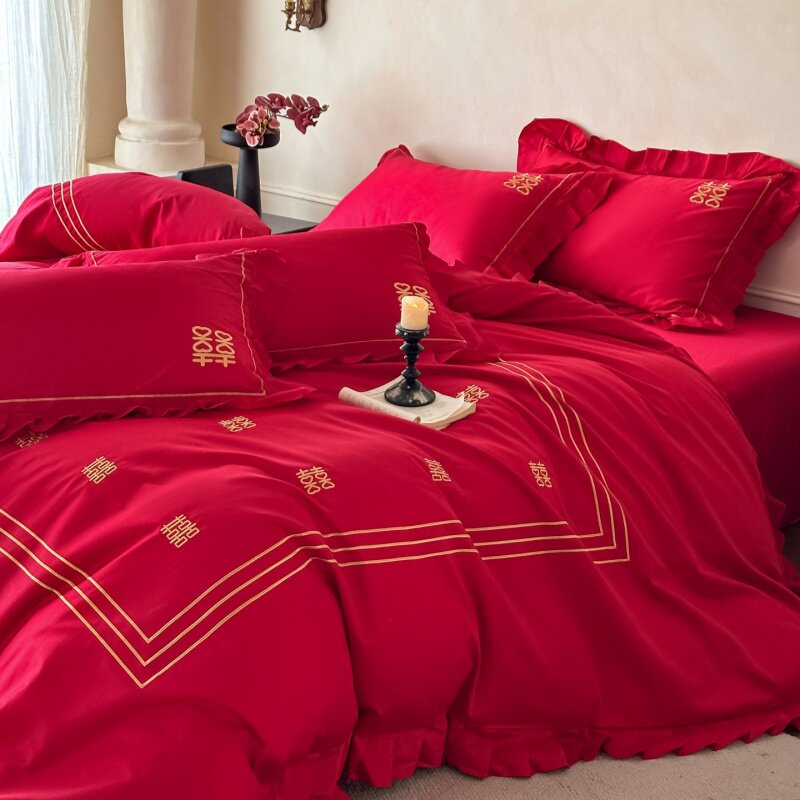 新中式结婚四件套红色婚庆被套纯棉高档新婚陪嫁床上用品婚房床单