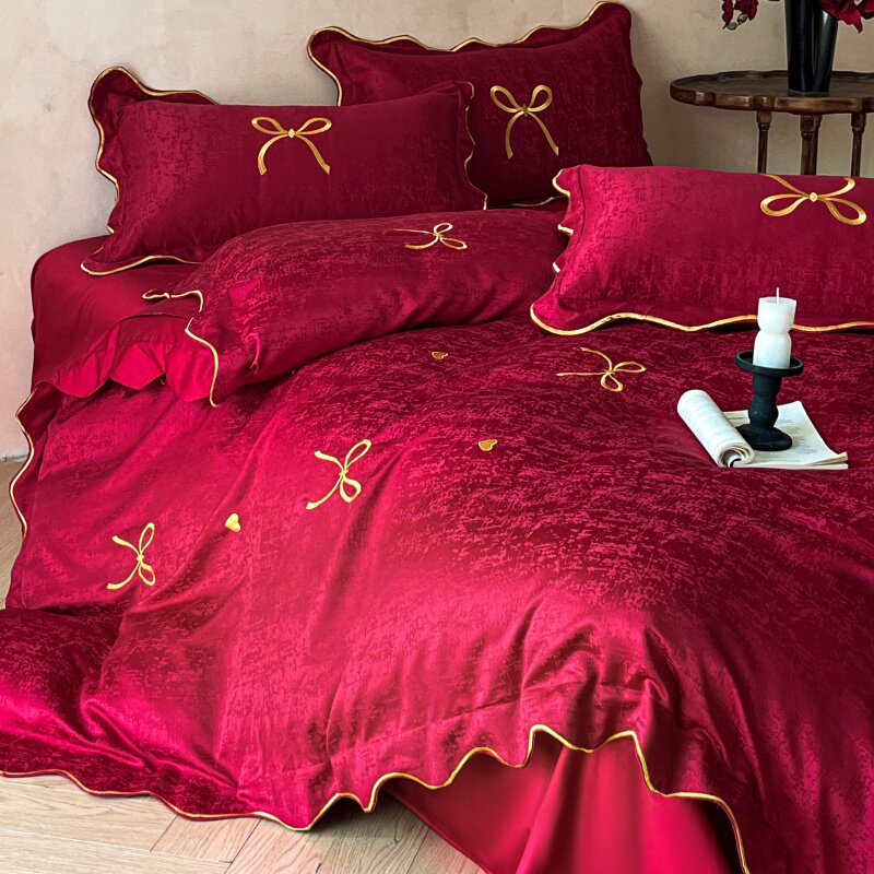 法式蝴蝶结婚庆四件套红色花边被套纯棉结婚床单陪嫁床上用品喜被